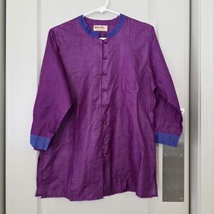fabindia Purple Collarless Button-Front Shirt Jacket with Blue Trim